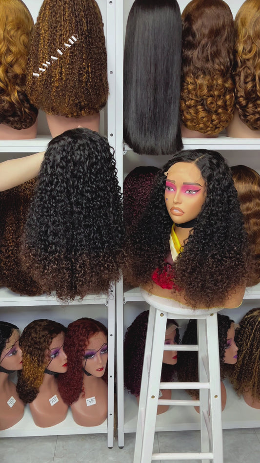 Double Drawn 5x5 Glueless Wig Pixie Curl Natural Human Hair Lace Wigs Ombre Color T1B/4 20inch