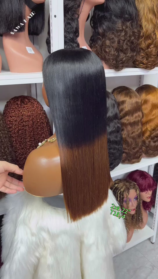 Double Drawn 2x6 Glueless Lace Wig Bone Straight Human Hair Wigs 26" Ombre Color T1B/4(2:8)