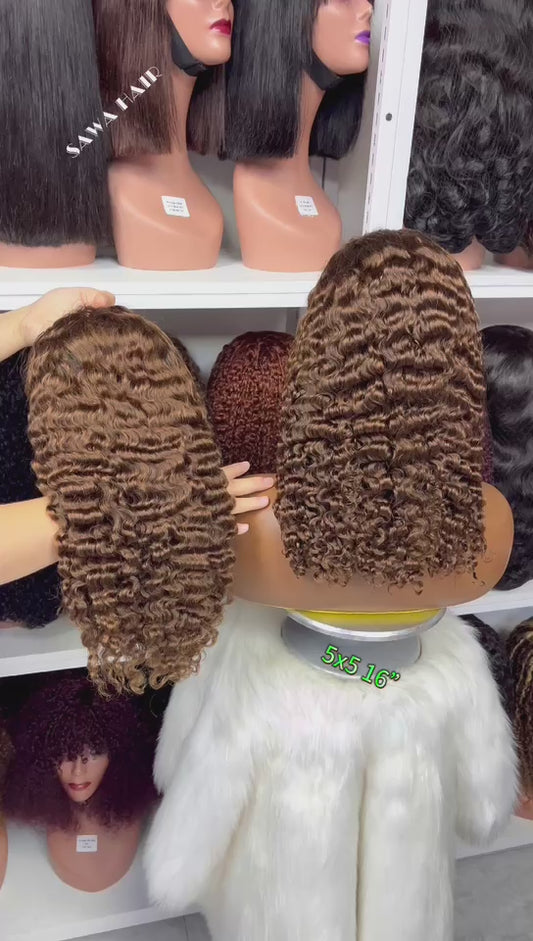 Double Drawn 5*5 Glueless Wig Burmese Curl Human Hair Wigs Color 4# 16"