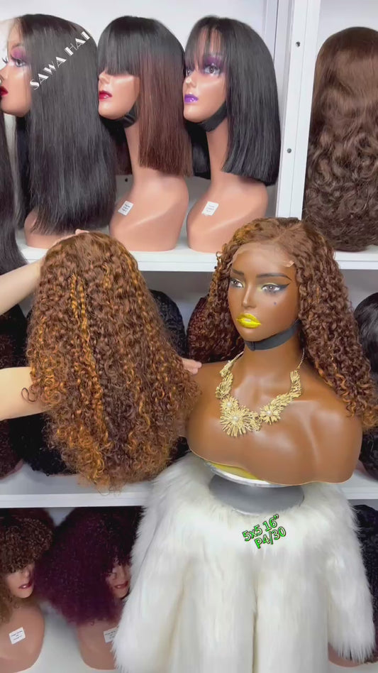 16" Double Drawn 5x5 Glueless Wig Pixie Curl Natural Human Hair Lace Wigs Piano Color P4/30