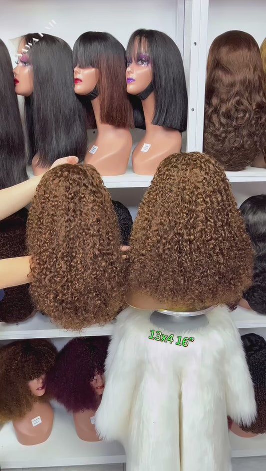 Double Drawn 13x4 Glueless Wig Pixie Curl Natural Human Hair Lace Wigs Brown Color 4# 16"