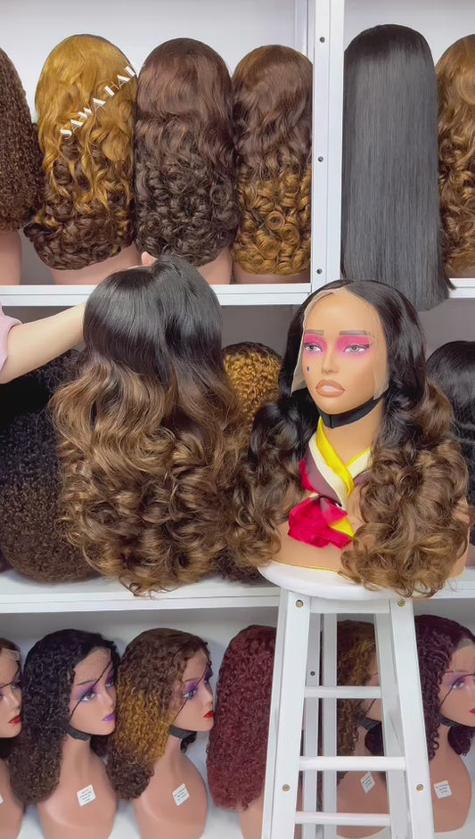 Double Drawn 13*4 GluelessLace Wig Romance Curl Natural Human Hair Lace Wigs Ombre Color T1B/4 20"
