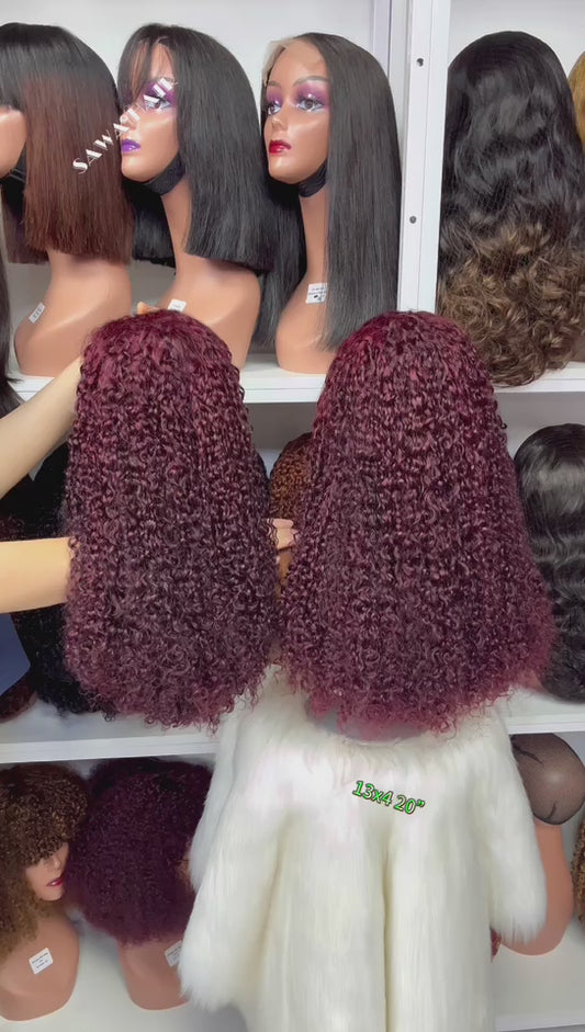 Double Drawn 13x4 Glueless Wig Pixie Curl Natural Human Hair Lace Wigs Wine Color 99J 20"