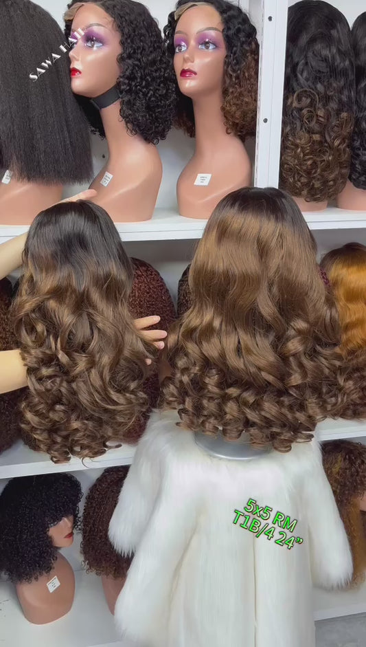 Double Drawn 5x5 Glueless Lace Wig Romance Bouncy Human Hair Wigs Ombre Color T1B/4 24"