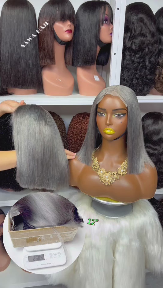 Super Double Drawn 5x5 Glueless Bob Wig Human Hair Lace Wigs Grey Color 12"