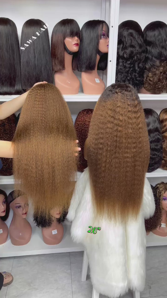 Color 13x4 Lace Wig Kinky Straight Human Hair Wigs Brown Color 4# 18"-30"