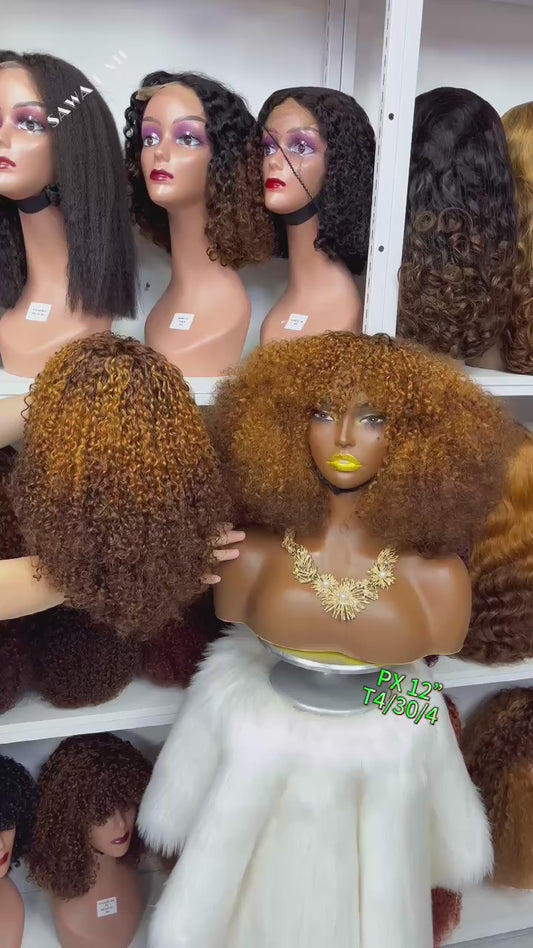 Fringe Double Drawn Wig Human Hair Pixie Curl Wigs 300% Density 12" Ombre Color T4/30/4