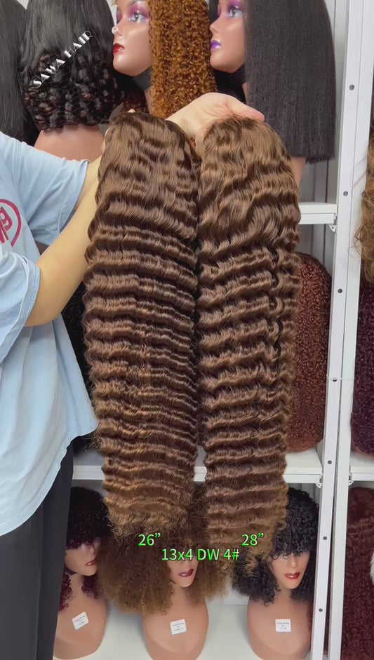 Color 13x4 Lace Wig Deep Wave Human Hair Wigs Brown Color 4# 18"-30"