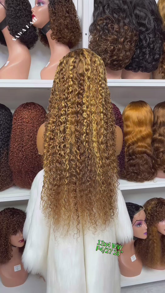 13x4 Lace Wig Water Wave Natural Human Hair Curly Wigs Piano Color P4/27 18"-30"