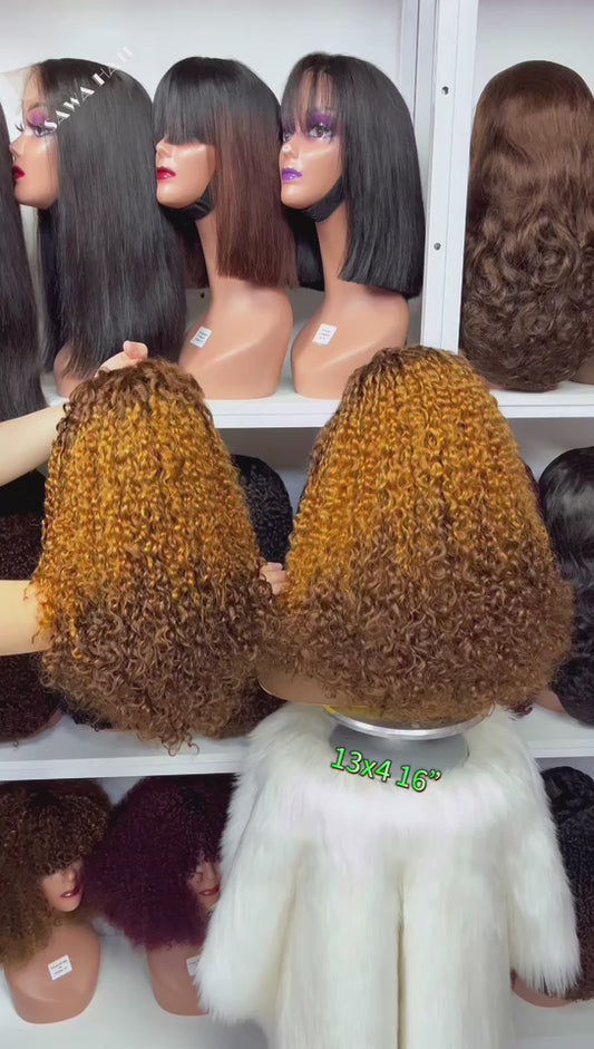 Double Drawn 13x4 Glueless Wig Pixie Curl Natural Human Hair Lace Wigs Ombre Color T4/30/4 16"