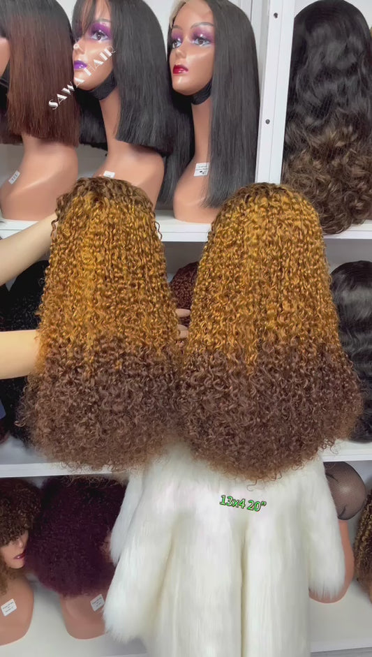 Double Drawn 13x4 Glueless Wig Pixie Curl Natural Human Hair Lace Wigs Ombre Color T4/30/4 20"