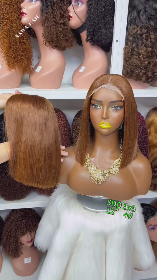 Super Double Drawn 5x5 Glueless Bob Wig Human Hair Lace Wigs Brown Color 4# 12"