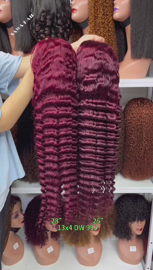 Color 13x4 Lace Wig Deep Wave Human Hair Wigs Wine Color 99J 18"-30"