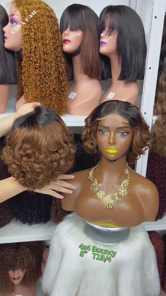 Double Drawn 4*4 Lace Wig Bouncy Natural Virgin Human Hair Lace Wigs Color T1B/4# 8"