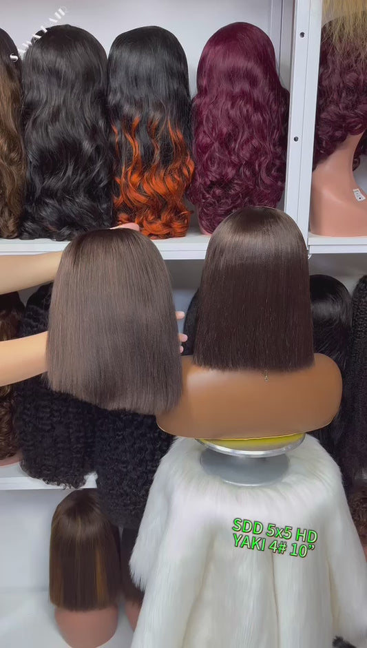 Super Double Drawn 5*5 HD  Bob Wig Yaki  Human Hair Lace Wig Color 4#  10"