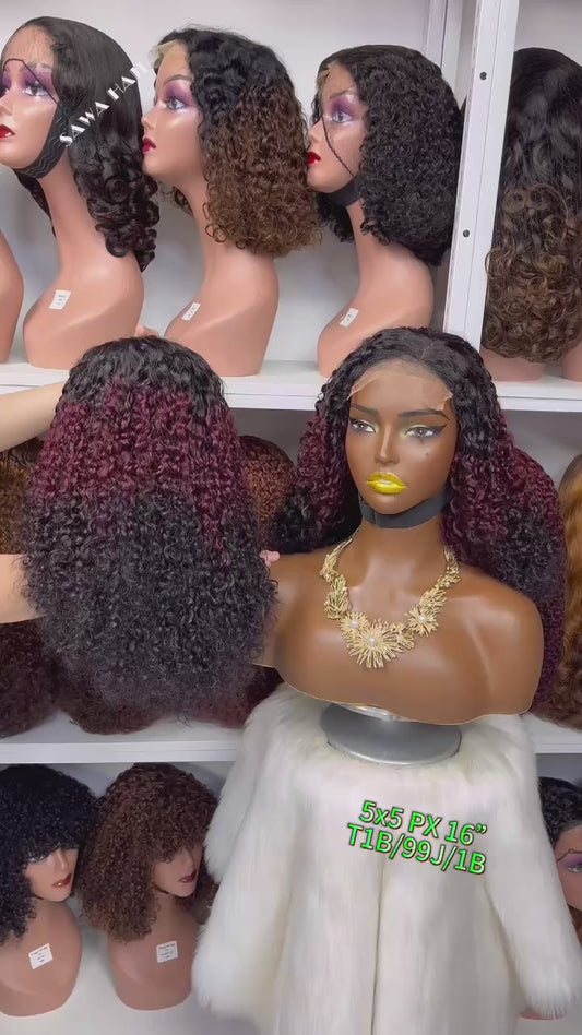 16" Double Drawn 5x5 Glueless Wig Pixie Curl Natural Human Hair Lace Wigs Ombre Color T1B/99J/1B