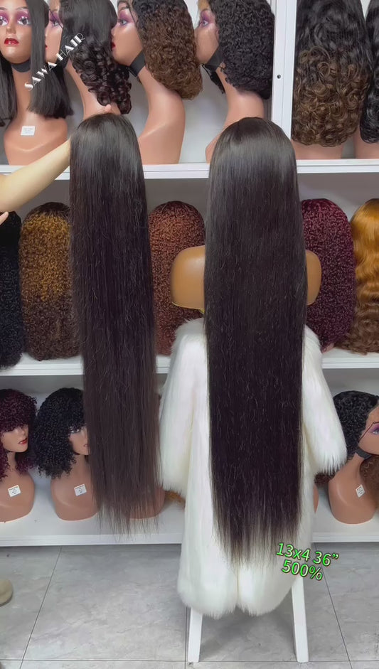 34"-40" 13x4 Lace Wig Straight Burmese Human Hair Wigs Natural Color 500% Density