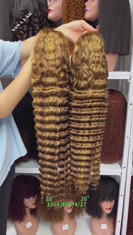 13x4 Lace Wig Deep Wave Natural Human Hair Wavy Wigs Piano Color P4/27 18"-30"