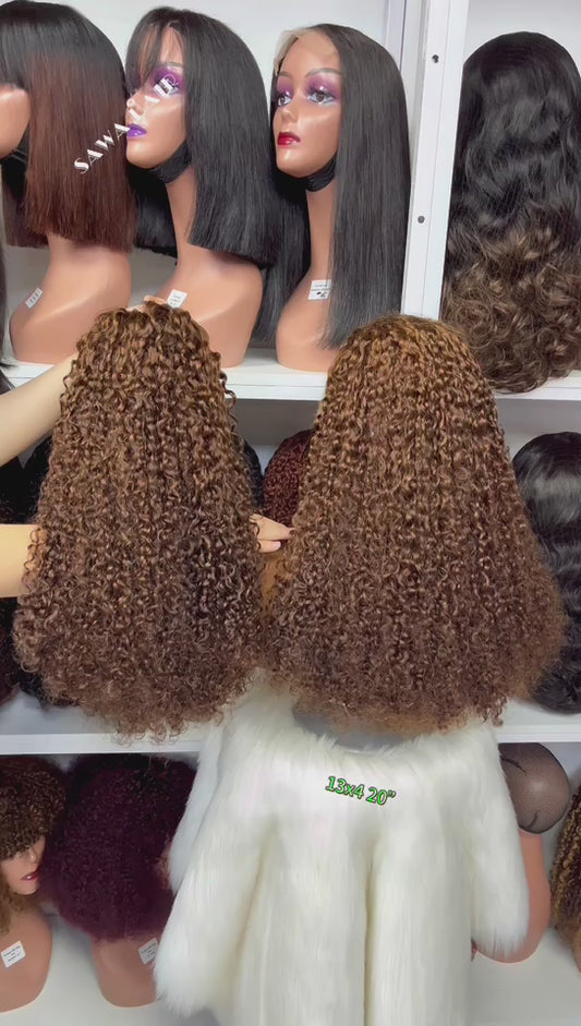 Double Drawn 13x4 Glueless Wig Pixie Curl Natural Human Hair Lace Wigs Brown Color 4# 20"