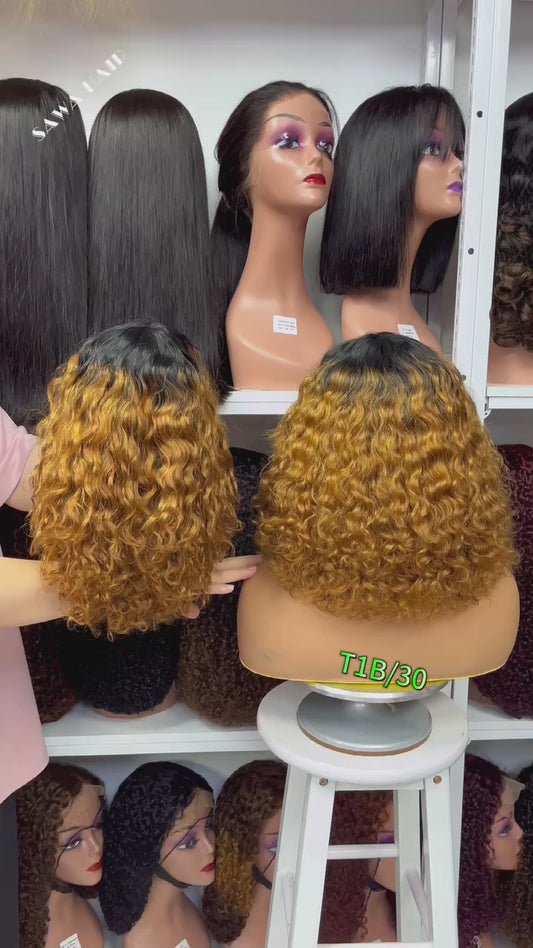 Fringe Double Drawn Wig Water Wave Machine Human Hair Wigs Ombre Color T1B/30