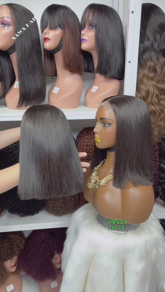 Super Double Drawn 2x6 Lace Wig Bone Straight Human Hair Wigs Natural Color 12"