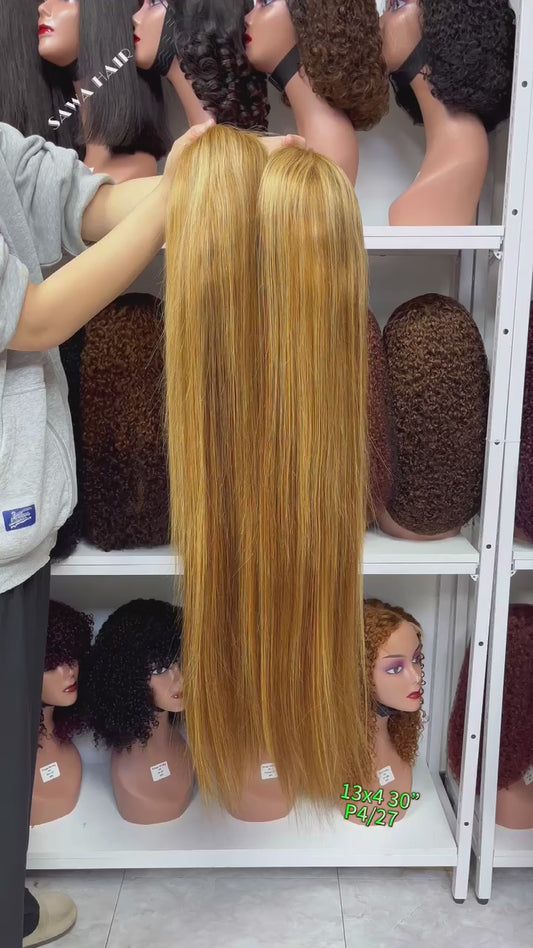 13x4 Lace Wig Straight Natural Human Hair Wavy Wigs Piano Color P4/27 18"-30"