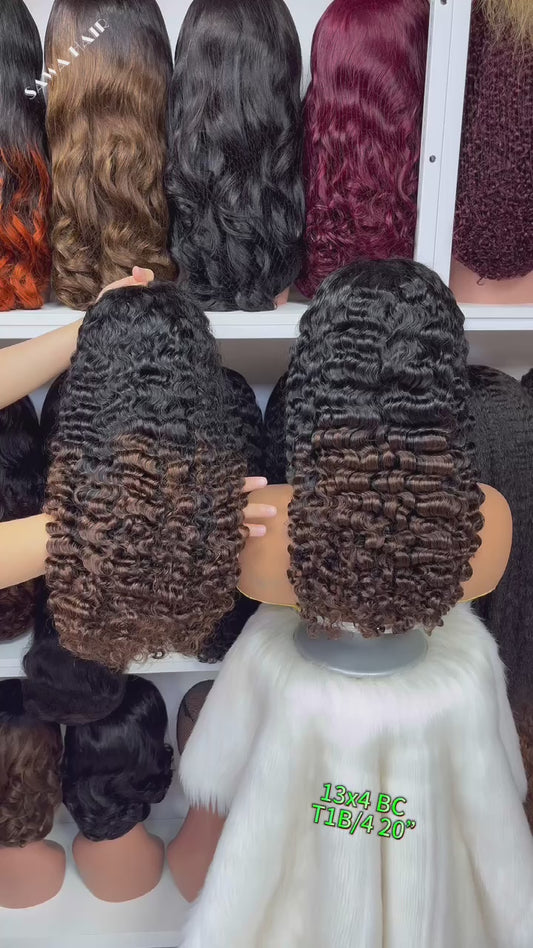 Double Drawn 13*4 Glueless Wig Burmese Curl Human Hair Wigs Piano Color T1B/4# 20"