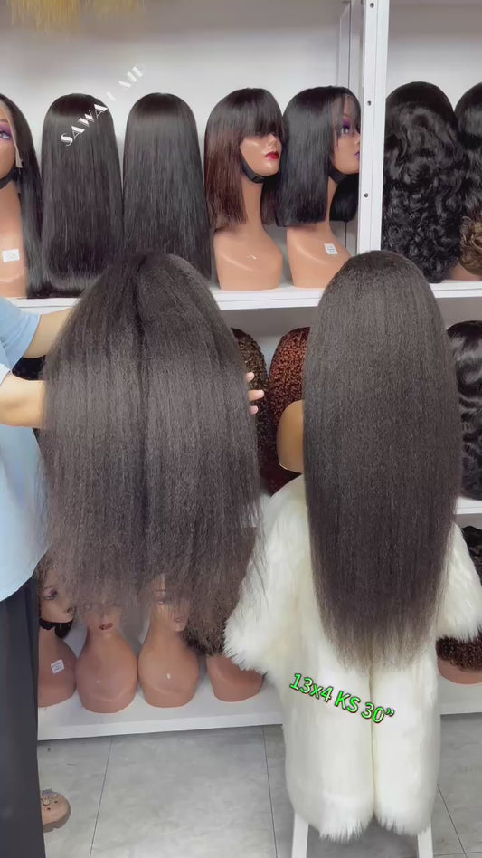 13x4 Lace Wig Kinky Straight Burmese Human Hair Wigs Natural Color 300% Density 18"-40"