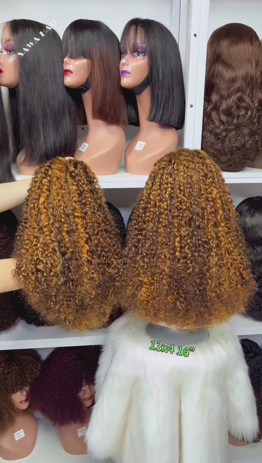 Double Drawn 13x4 Glueless Wig Pixie Curl Natural Human Hair Lace Wigs Piano Color P4/30 16"