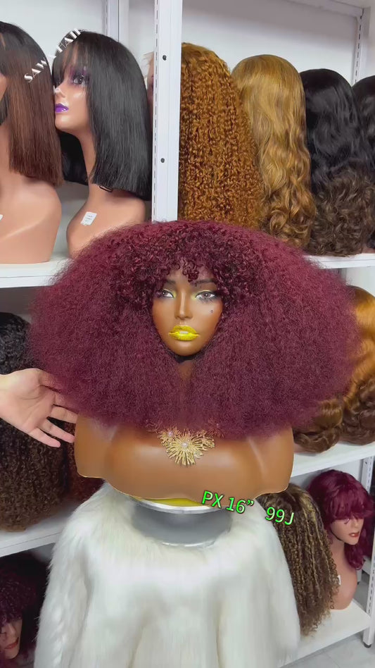 Fringe Double Drawn Wig Human Hair Pixie Curl Wigs 300% Density Wine Color 99J