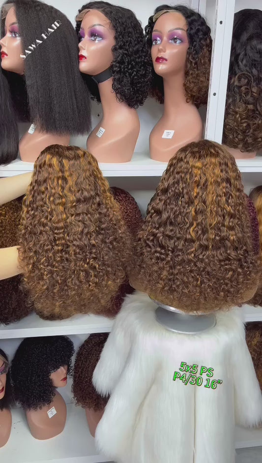 Double Drawn 5x5 Glueless Lace Wig Pissy Curl Curly Human Hair Wigs 16" Piano Color P4/30