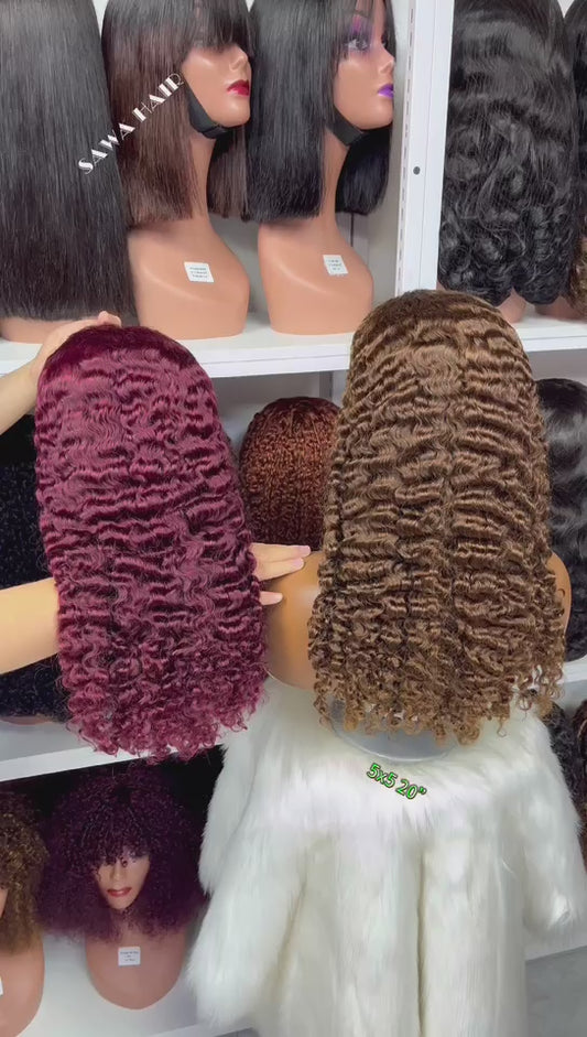 Double Drawn 5*5 Glueless Wig Burmese Curl Human Hair Wigs Color 99J 20"