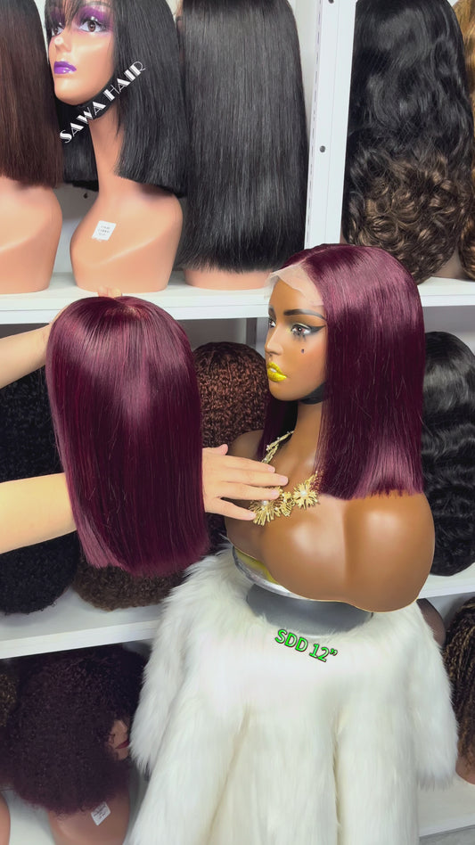 Super Double Drawn 5x5 Glueless Bob Wig Human Hair Lace Wigs Wine Color 99J 12"