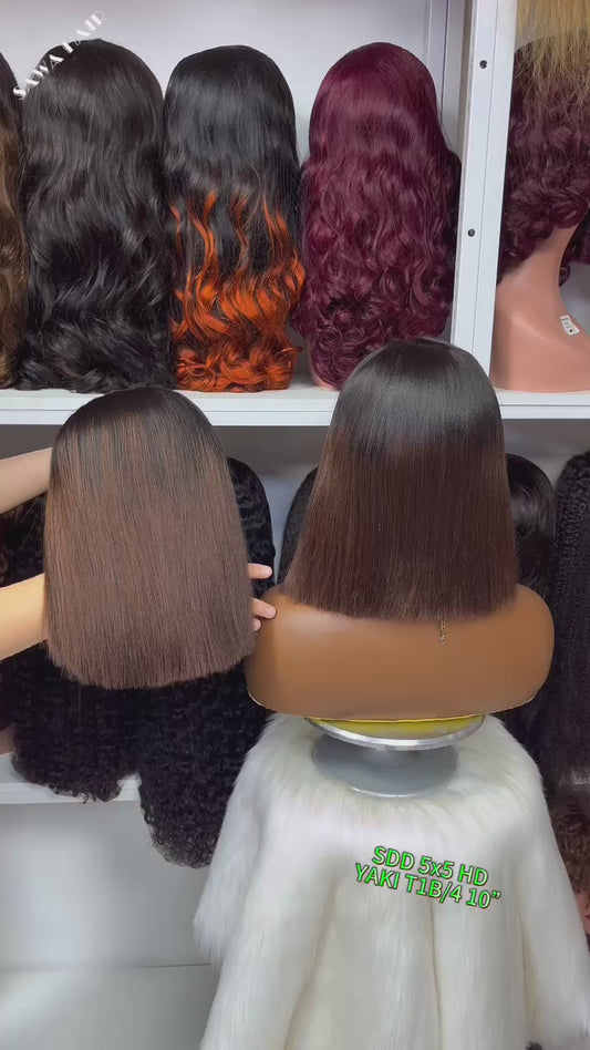 Super Double Drawn 5*5 HD  Bob Wig Yaki  Human Hair Lace Wig Color 4#  10"