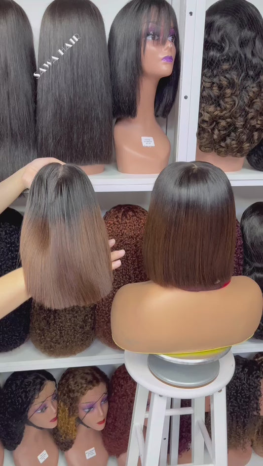 Super Double Drawn 5x5 Glueless Bob Wig Human Hair Lace Wigs Ombre Color T1B/4# 8"