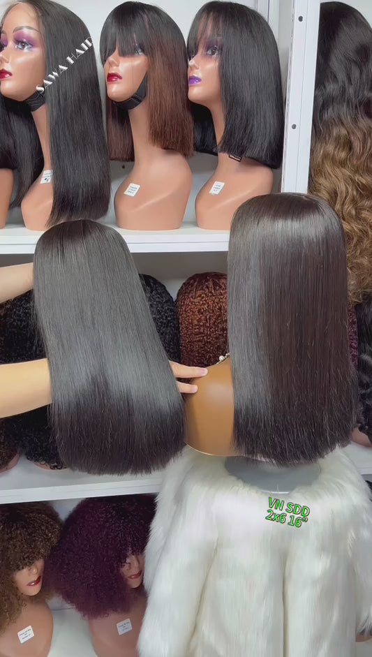 Super Double Drawn 2x6 Lace Wig Bone Straight Human Hair Wigs Natural Color 16"