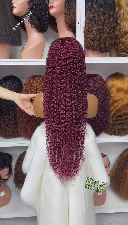 Color 13x4 Lace Wig Jerry Curl Human Hair Wigs Wine Color 99J 18"-30"