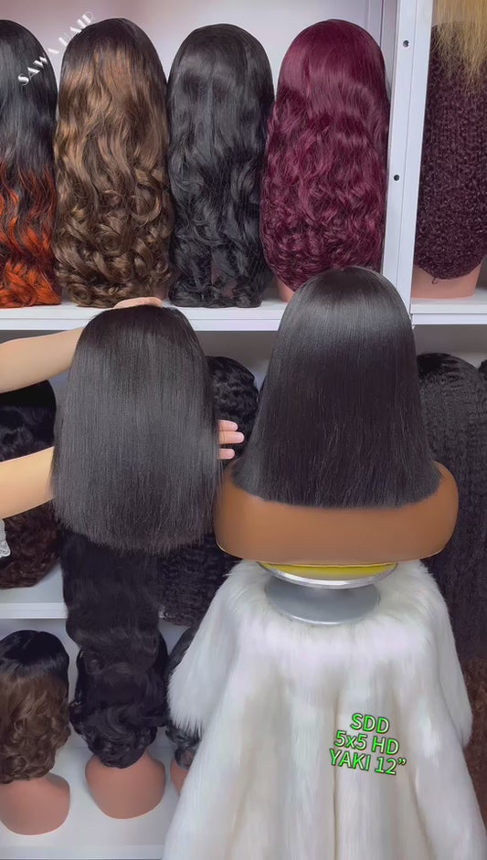 Super Double Drawn 5*5 HD  Bob Wig Yaki  Human Hair Lace Wig Color NC 8"-12"