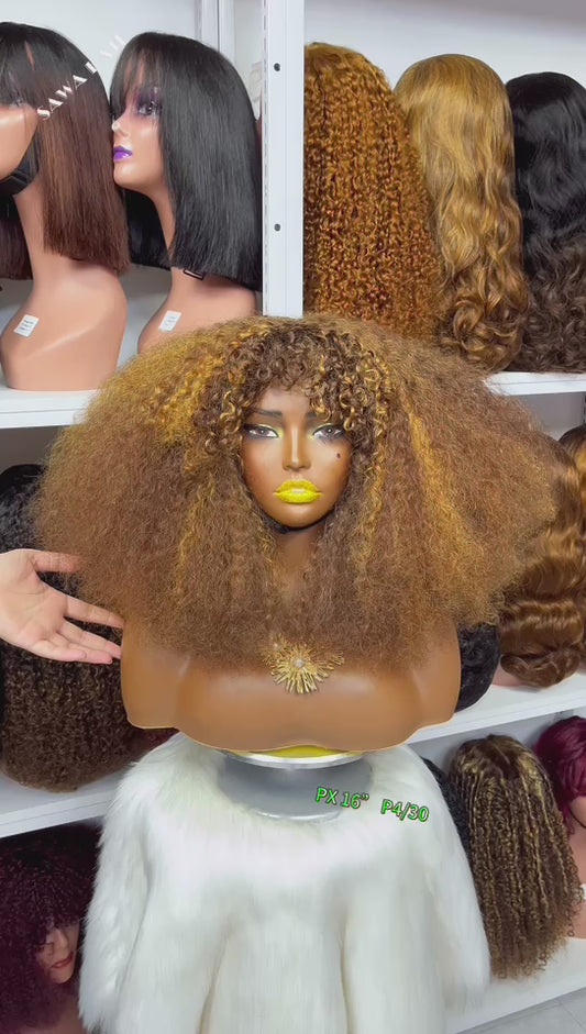 Fringe Double Drawn Wig Human Hair Pixie Curl Wigs 300% Density Piano Color P4/30