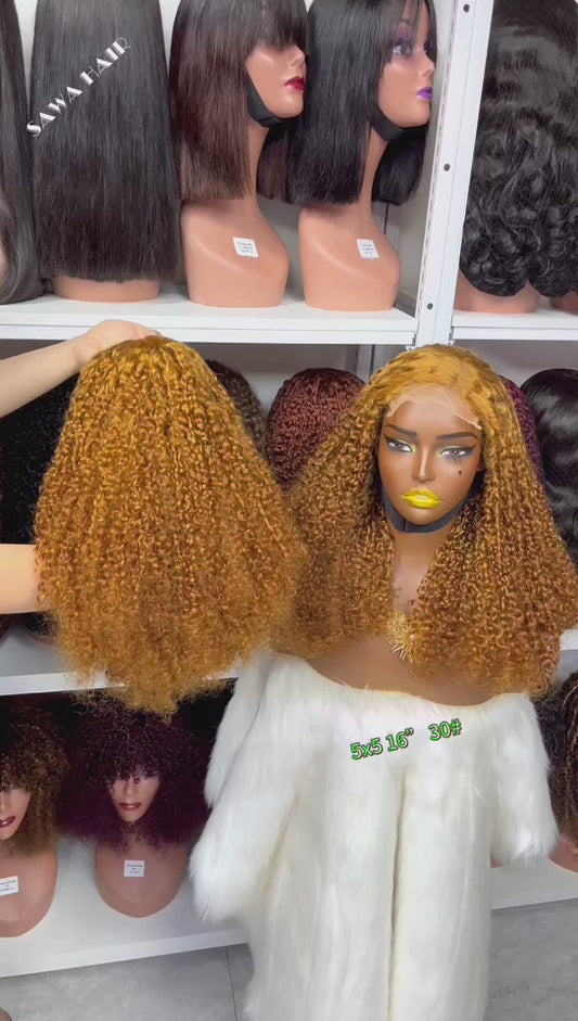 16" Double Drawn 5x5 Glueless Wig Pixie Curl Natural Human Hair Lace Wigs Brown Color 4#