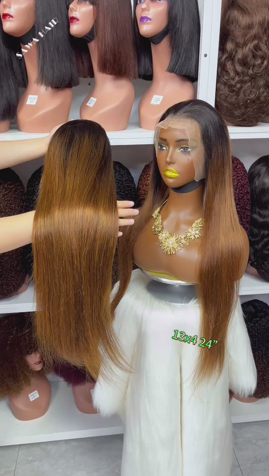 Color 13x4 Lace Wig Straight Human Hair Wigs Ombre Color T1B/4 18"-30"