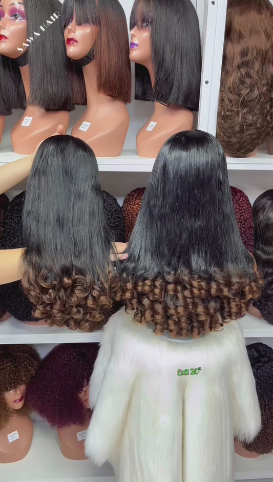 Double Drawn 5x5 Glueless Wig Baba Curl Human Hair Curly Wigs Ombre Color T1B/4 20"