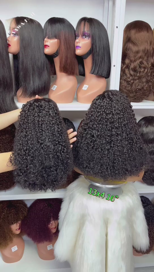 Double Drawn 13x4 Glueless Wig Pixie Curl Natural Human Hair Lace Wigs Natural Color 16"