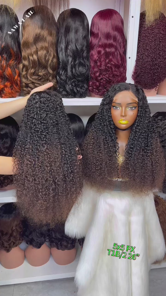 26" Double Drawn 5x5 Glueless Wig Pixie Curl Natural Human Hair Lace Wigs Ombre Color T1B/2#