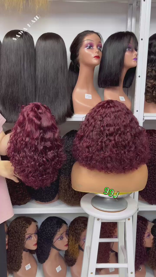 Fringe Double Drawn Wig Water Wave Machine Human Hair Wigs Wine Color 99J