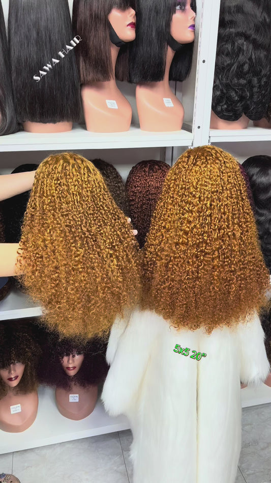 16" Double Drawn 5x5 Glueless Wig Pixie Curl Natural Human Hair Lace Wigs Light Color 30#