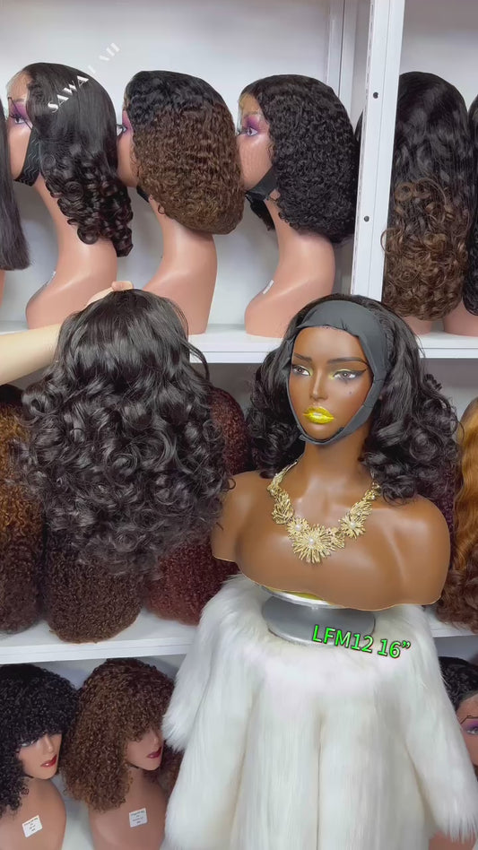 Double Drawn Headbands Wig Fumi Curl Human Hair Wigs Natural Color 300% Density 12"-18"