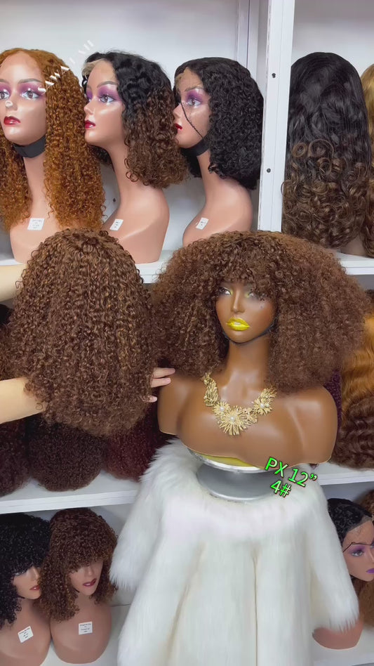 Fringe Double Drawn Wig Human Hair Pixie Curl Wigs 300% Density 12" Brown Color 4#