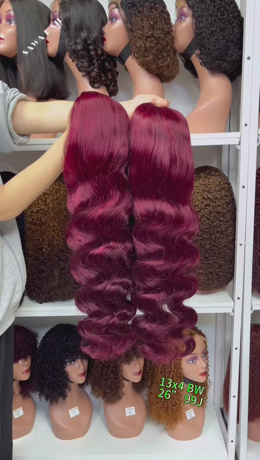 Color 13x4 Lace Wig Body Wave Human Hair Wigs Wine Color 99J 18"-30"