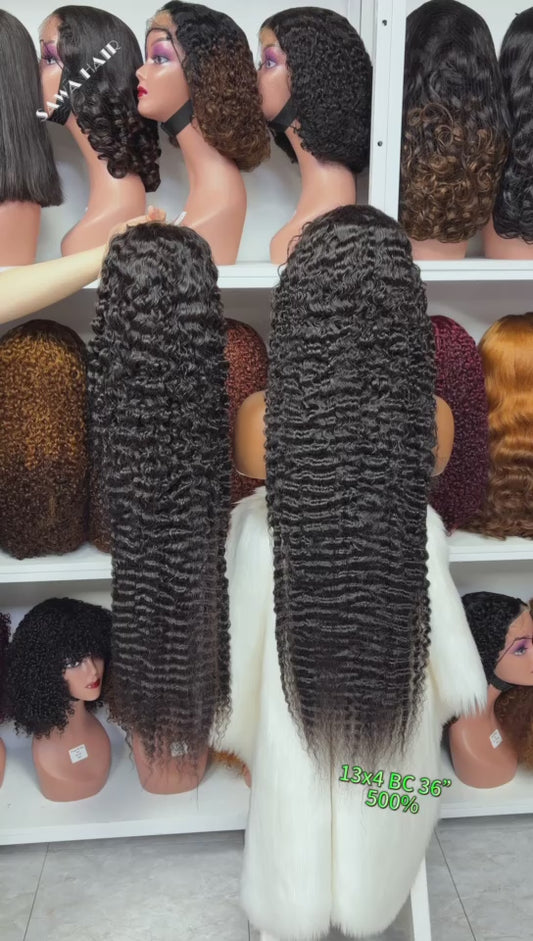 34"-40" 13x4 Lace Wig Burmese Curl Burmese Human Hair Wigs Natural Color 500% Density